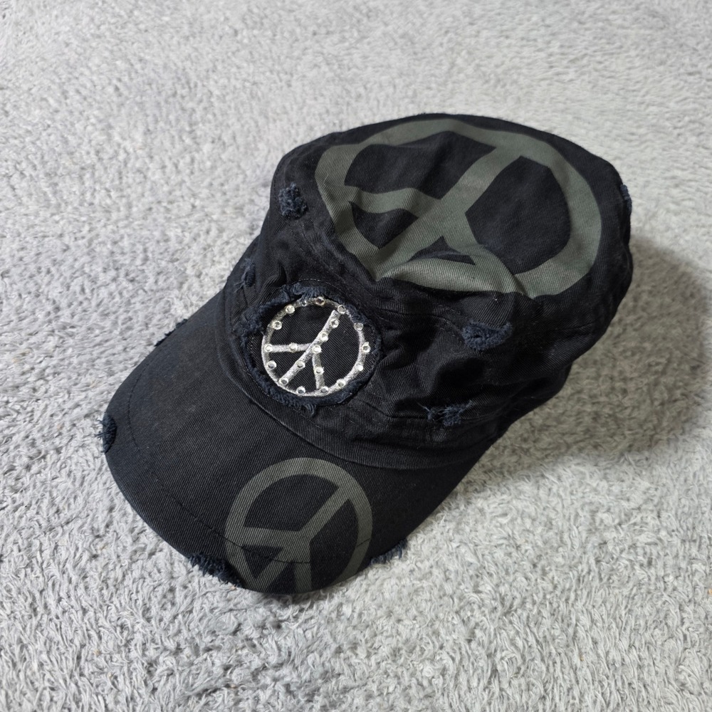 Pit Bull OSFM Cadet Hat Black Distressed Peace Sign Rhinestone Chicago Cap